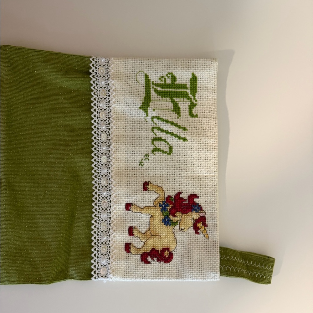 Hand Cross Stitched Christmas Stocking - Ella & Unicorn
